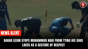 Babar Azam stops Mohammad Nabi from tying his shoe laces as a gesture of respect